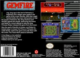 Box back cover for Gemfire on the Nintendo SNES.