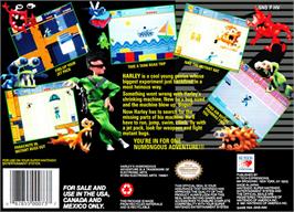 Box back cover for Harley's Humongous Adventure on the Nintendo SNES.