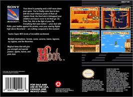 Box back cover for Hook on the Nintendo SNES.