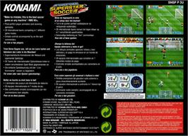 Box back cover for International Superstar Soccer on the Nintendo SNES.