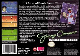 Box back cover for Jimmy Connors Pro Tennis Tour on the Nintendo SNES.
