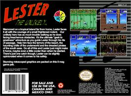 Box back cover for Lester the Unlikely on the Nintendo SNES.