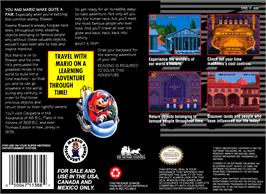 Box back cover for Mario's Time Machine on the Nintendo SNES.