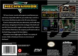Box back cover for MechWarrior on the Nintendo SNES.