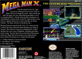 Box back cover for Mega Man X on the Nintendo SNES.