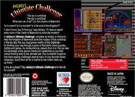 Box back cover for Mickey's Ultimate Challenge on the Nintendo SNES.