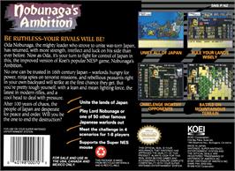 Box back cover for Nobunaga's Ambition on the Nintendo SNES.