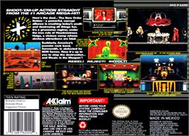 Box back cover for Revolution X on the Nintendo SNES.