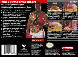 Box back cover for Riddick Bowe Boxing on the Nintendo SNES.