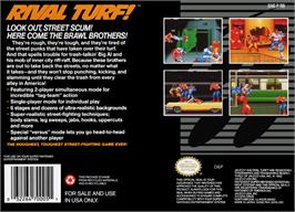 Box back cover for Rival Turf on the Nintendo SNES.