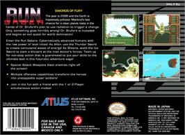 Box back cover for Run Saber on the Nintendo SNES.