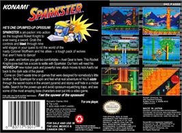 Box back cover for Sparkster on the Nintendo SNES.