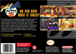 Box back cover for Street Fighter Alpha 2 on the Nintendo SNES.