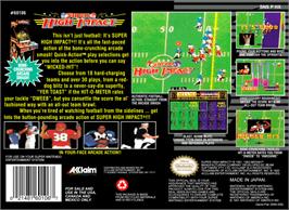 Box back cover for Super High Impact on the Nintendo SNES.