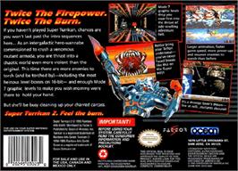 Box back cover for Super Turrican 2 on the Nintendo SNES.