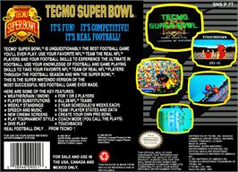 Box back cover for Tecmo Super Bowl on the Nintendo SNES.