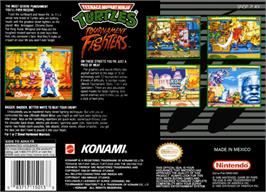 Box back cover for Teenage Mutant Ninja Turtles: Tournament Fighters on the Nintendo SNES.