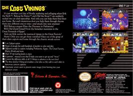Box back cover for The Lost Vikings on the Nintendo SNES.