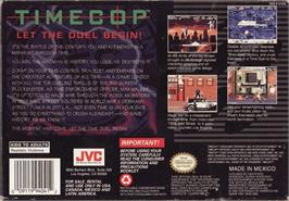 Box back cover for Timecop on the Nintendo SNES.