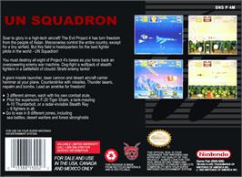 Box back cover for U.N. Squadron on the Nintendo SNES.