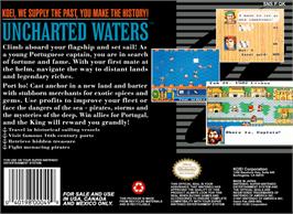 Box back cover for Uncharted Waters on the Nintendo SNES.