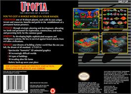 Box back cover for Utopia: The Creation of a Nation on the Nintendo SNES.