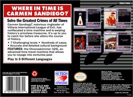 Box back cover for Where in Time is Carmen Sandiego? on the Nintendo SNES.
