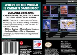 Box back cover for Where in the World is Carmen Sandiego? on the Nintendo SNES.