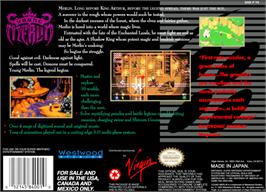 Box back cover for Young Merlin on the Nintendo SNES.
