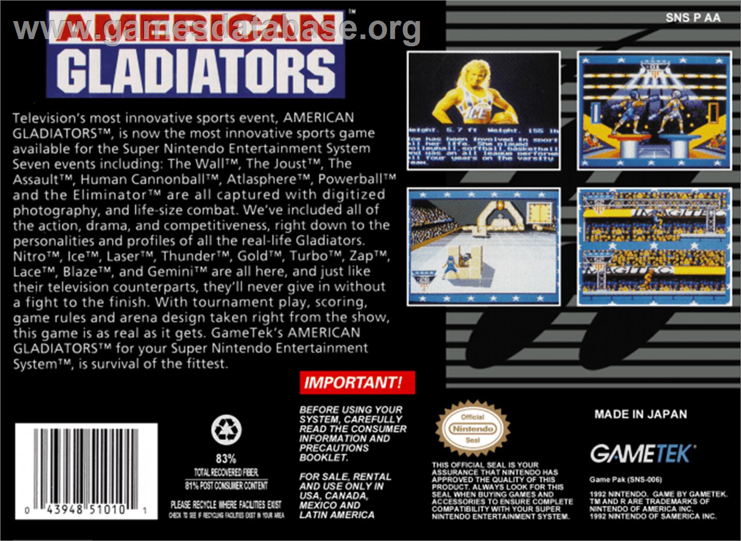 American Gladiators - Nintendo SNES - Artwork - Box Back