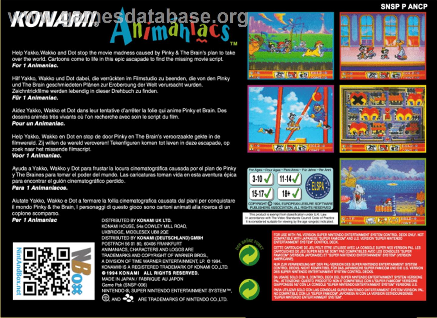 Animaniacs - Nintendo SNES - Artwork - Box Back