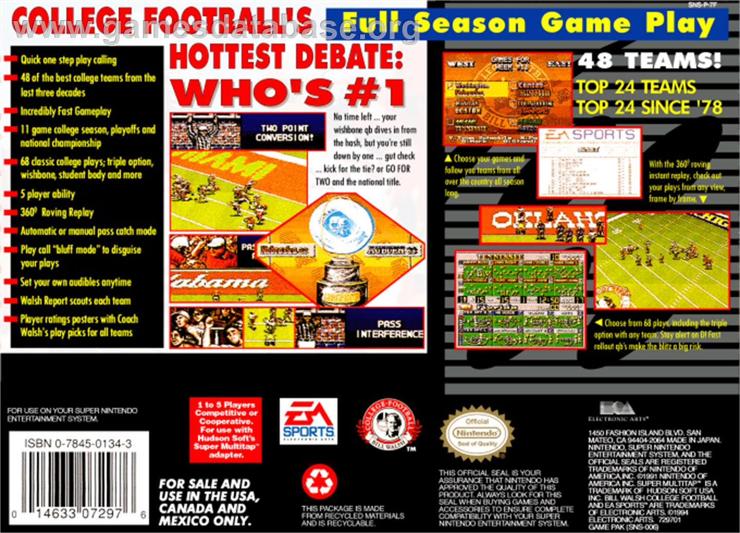 Bill Walsh College Football - Nintendo SNES - Artwork - Box Back