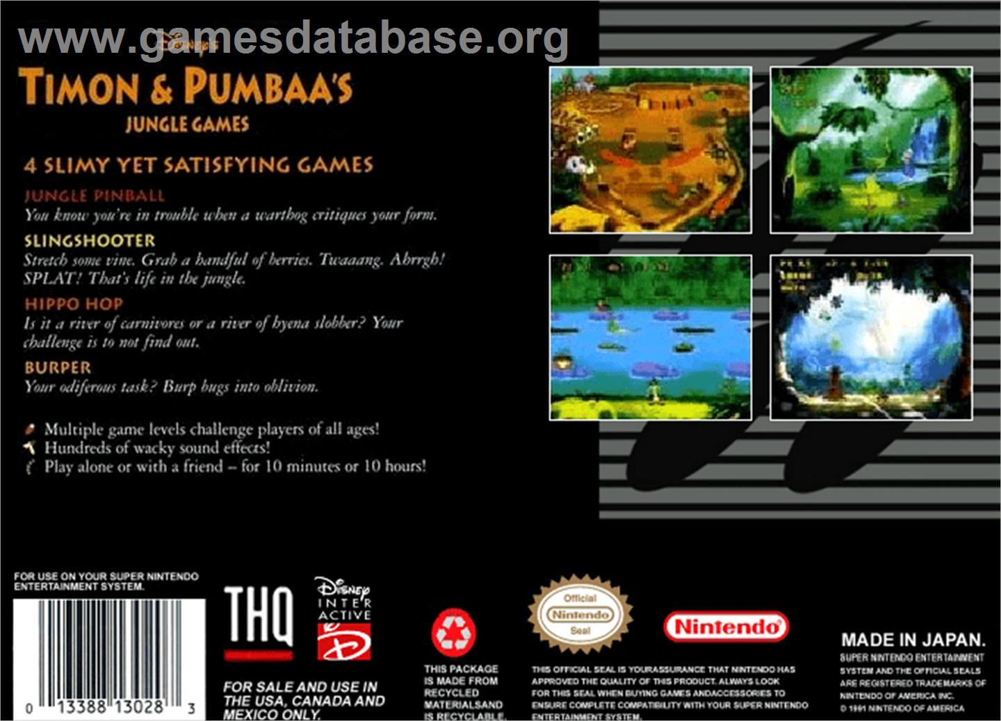 Disney's Timon & Pumbaa's Jungle Games - Nintendo SNES - Artwork - Box Back