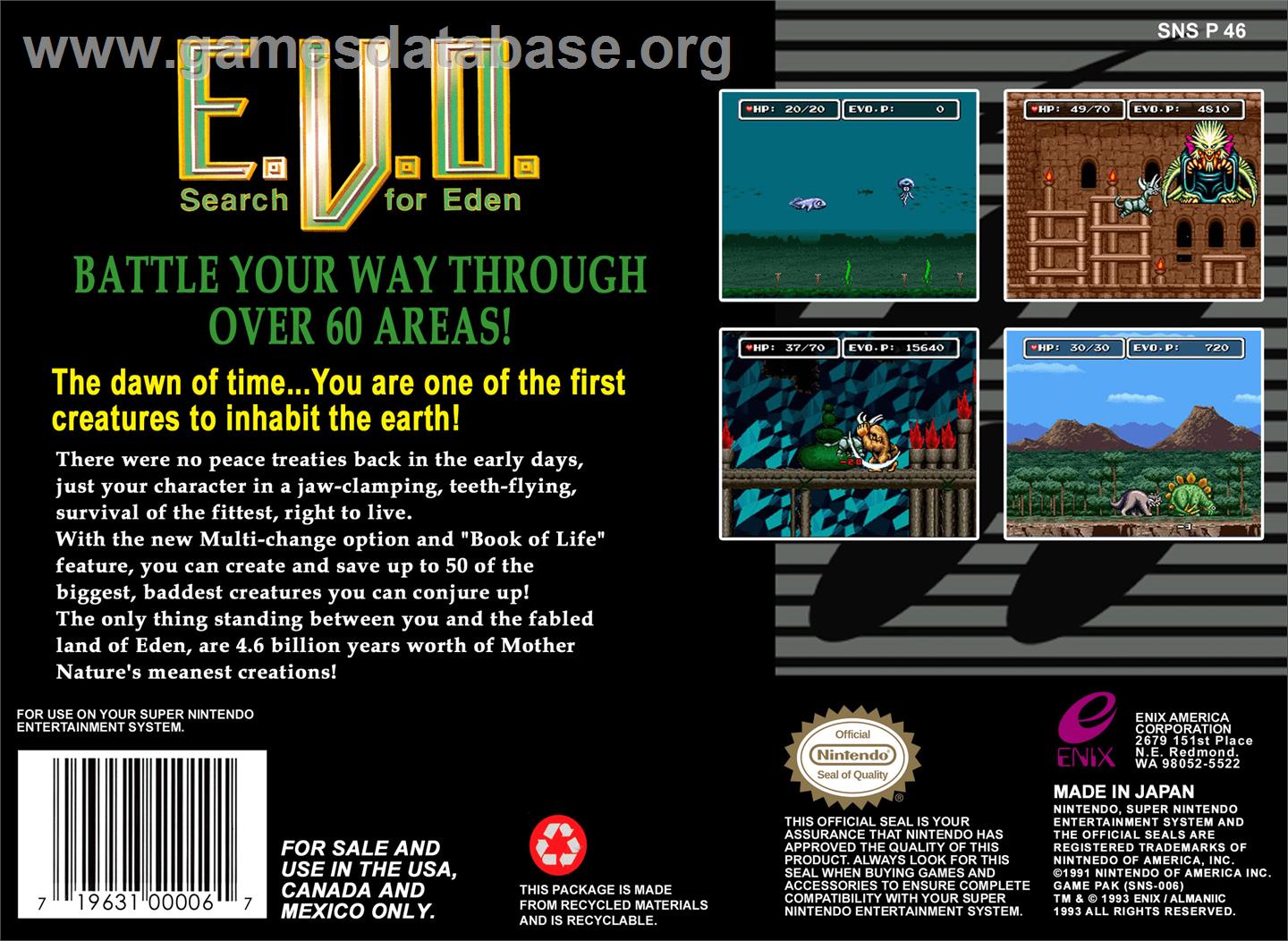 E. V. O.: Search for Eden - Nintendo SNES - Artwork - Box Back