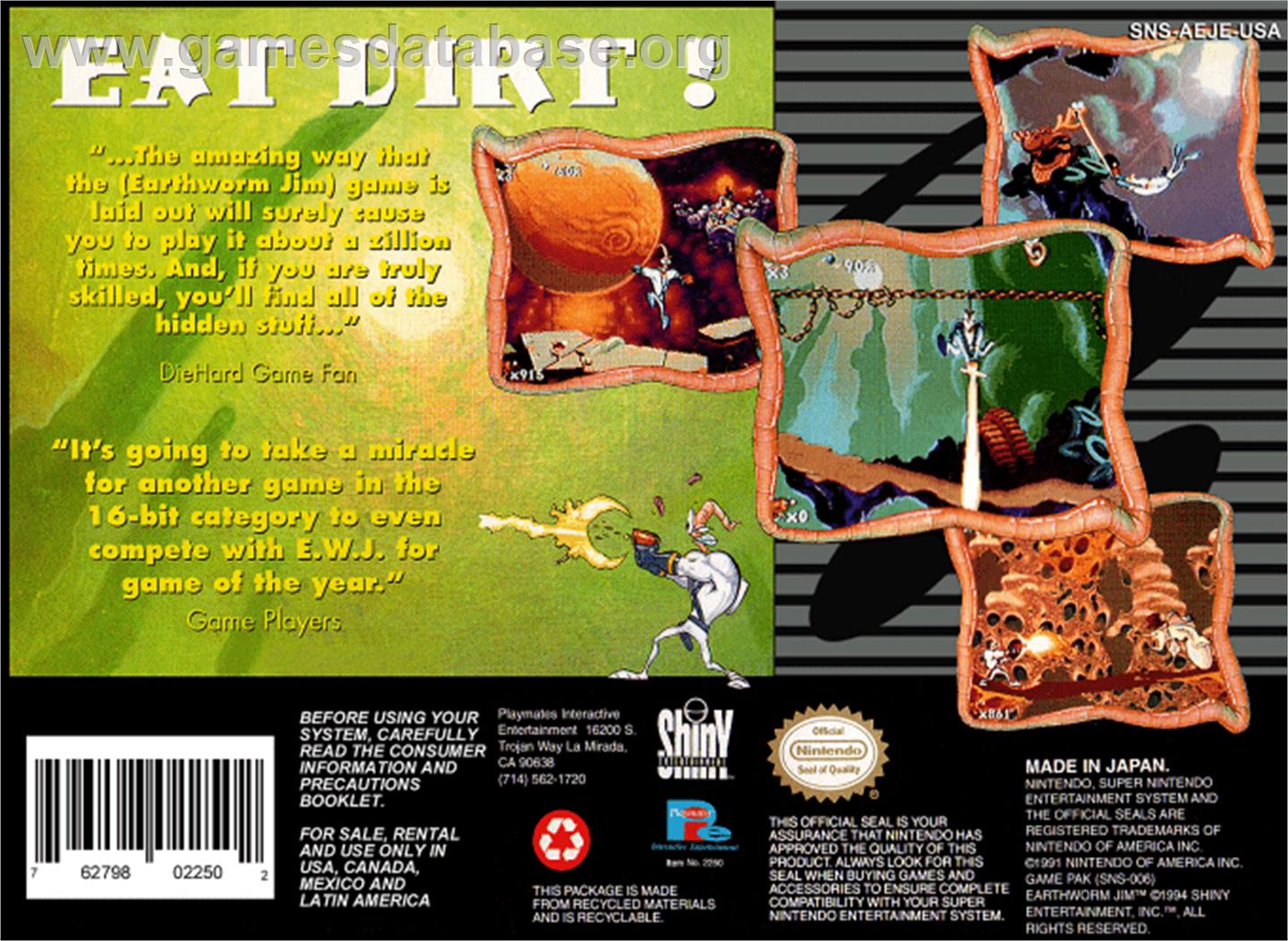 Earthworm Jim - Nintendo SNES - Artwork - Box Back