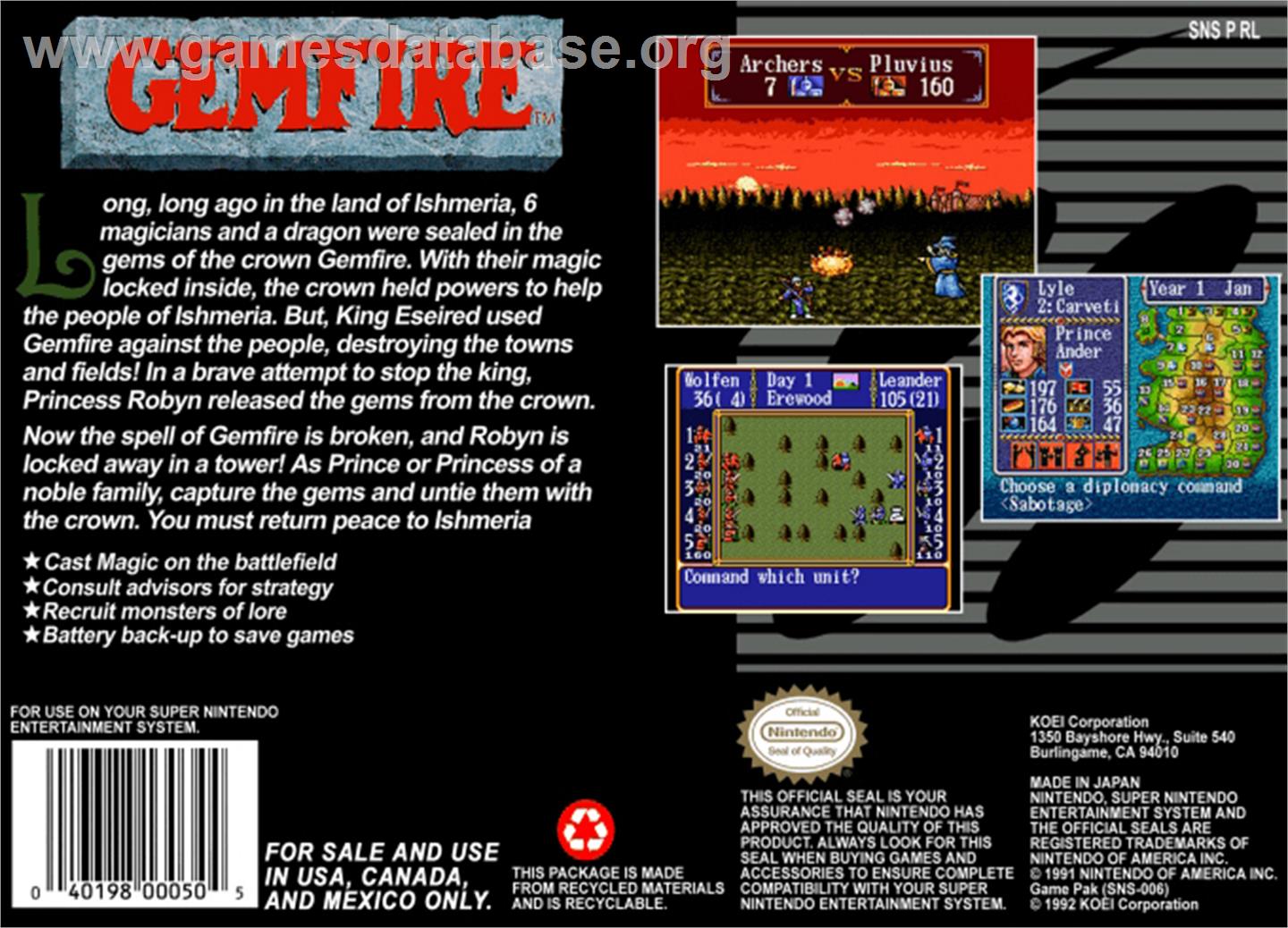 Gemfire - Nintendo SNES - Artwork - Box Back