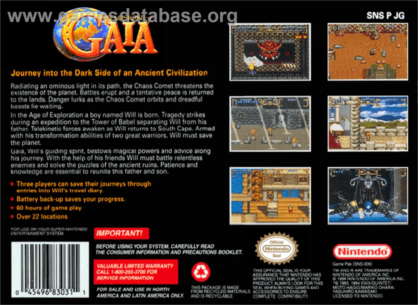 Illusion of Gaia - Nintendo SNES - Artwork - Box Back