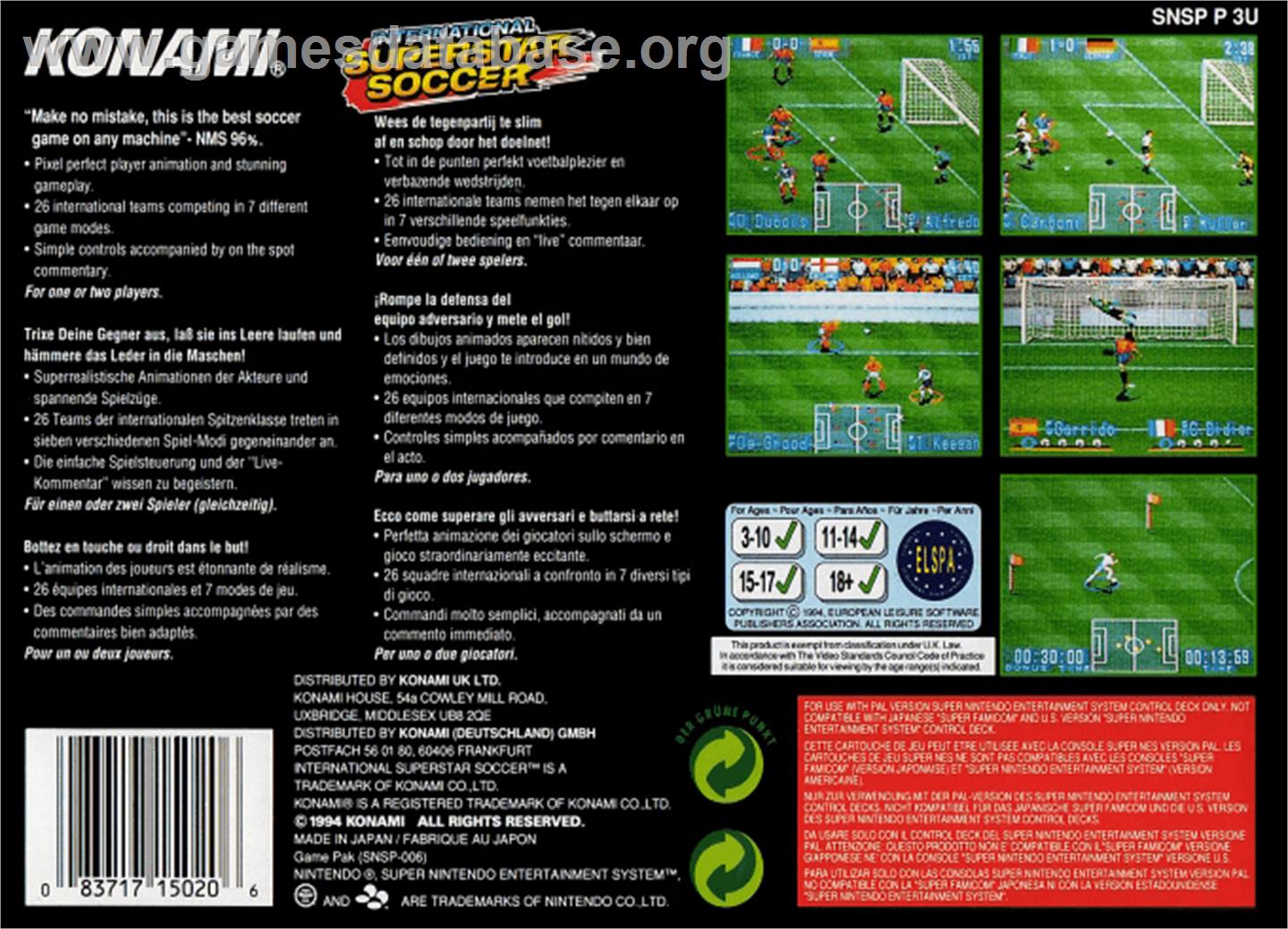International Superstar Soccer - Nintendo SNES - Artwork - Box Back
