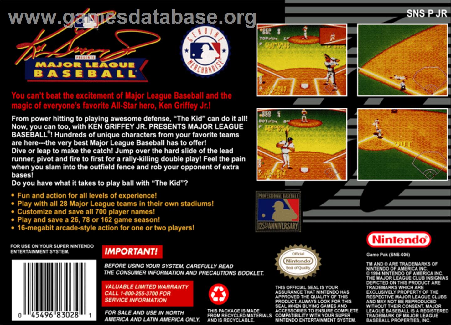 Ken Griffey Jr Presents Major League Baseball - Nintendo SNES - Artwork - Box Back