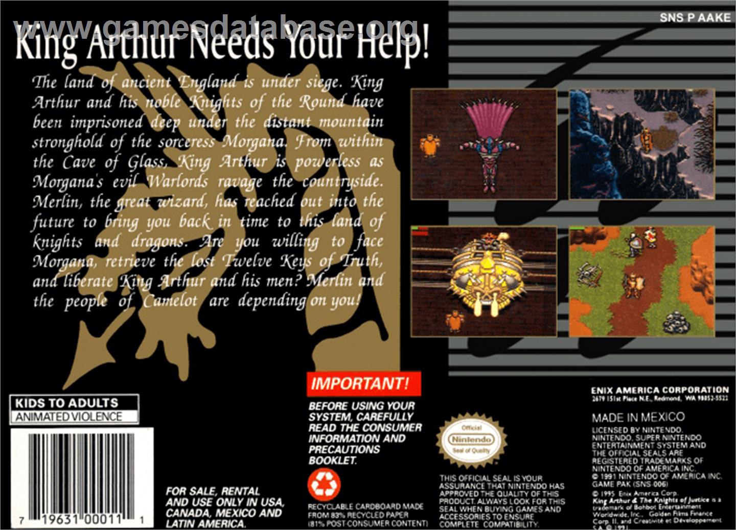 King Arthur & the Knights of Justice - Nintendo SNES - Artwork - Box Back