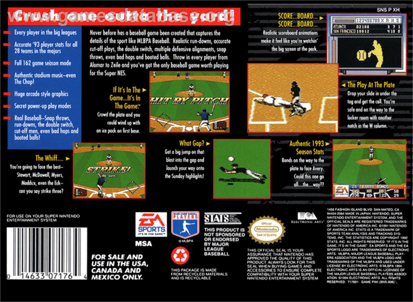 MLBPA Baseball - Nintendo SNES - Artwork - Box Back