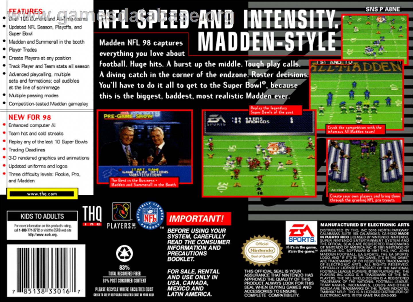 Madden NFL '98 - Nintendo SNES - Artwork - Box Back