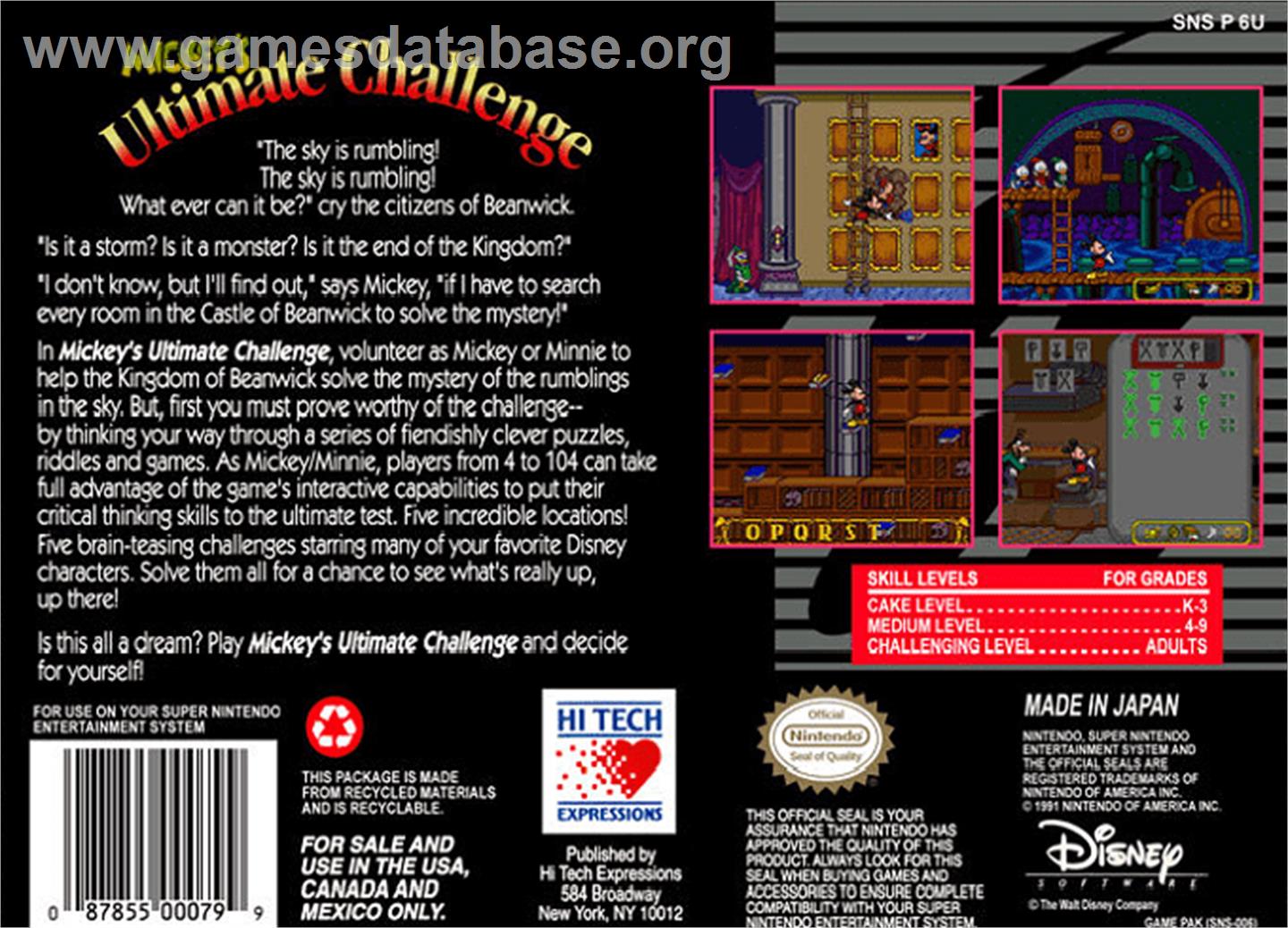 Mickey's Ultimate Challenge - Nintendo SNES - Artwork - Box Back