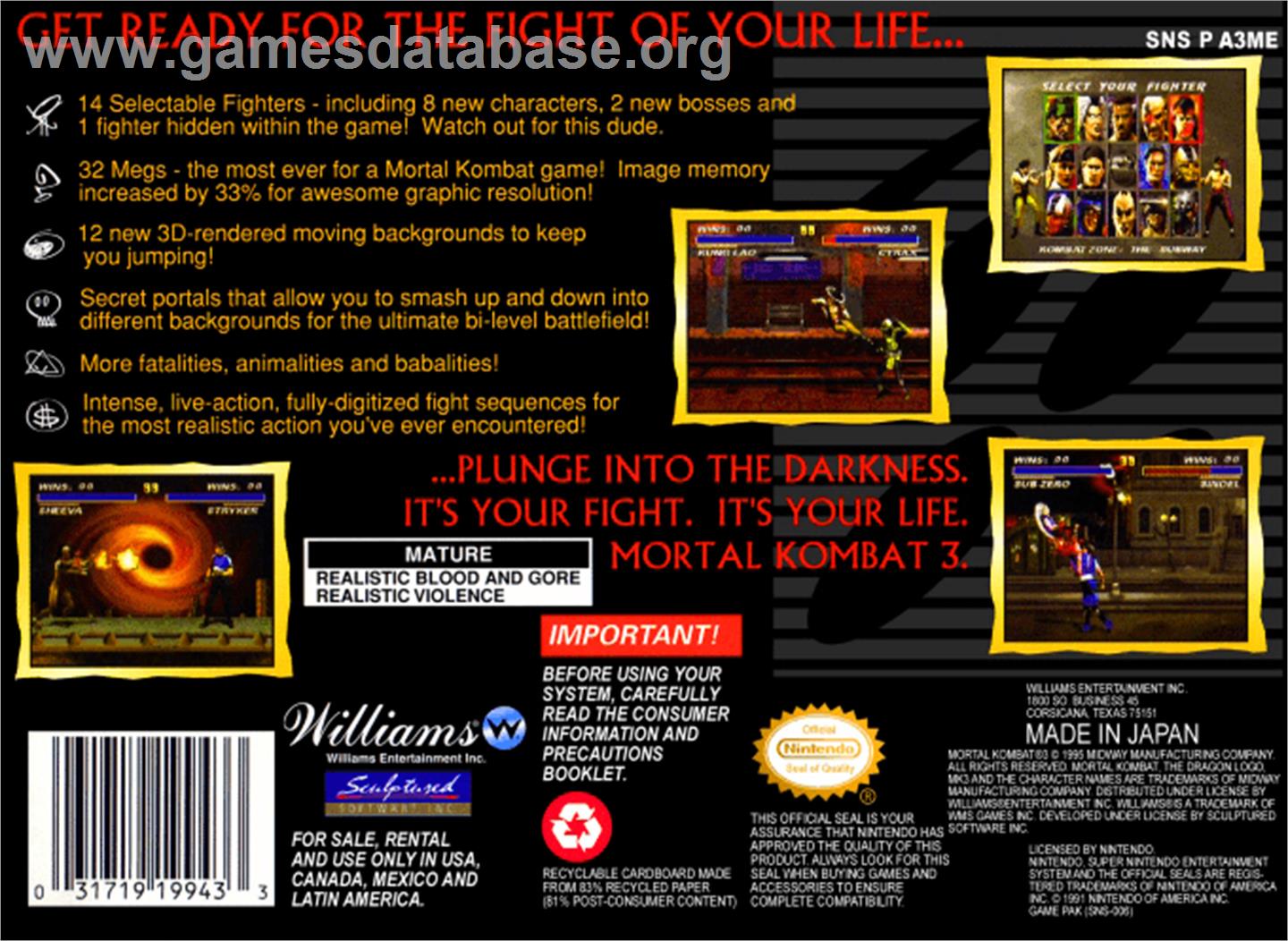 Mortal Kombat 3 - Nintendo SNES - Artwork - Box Back