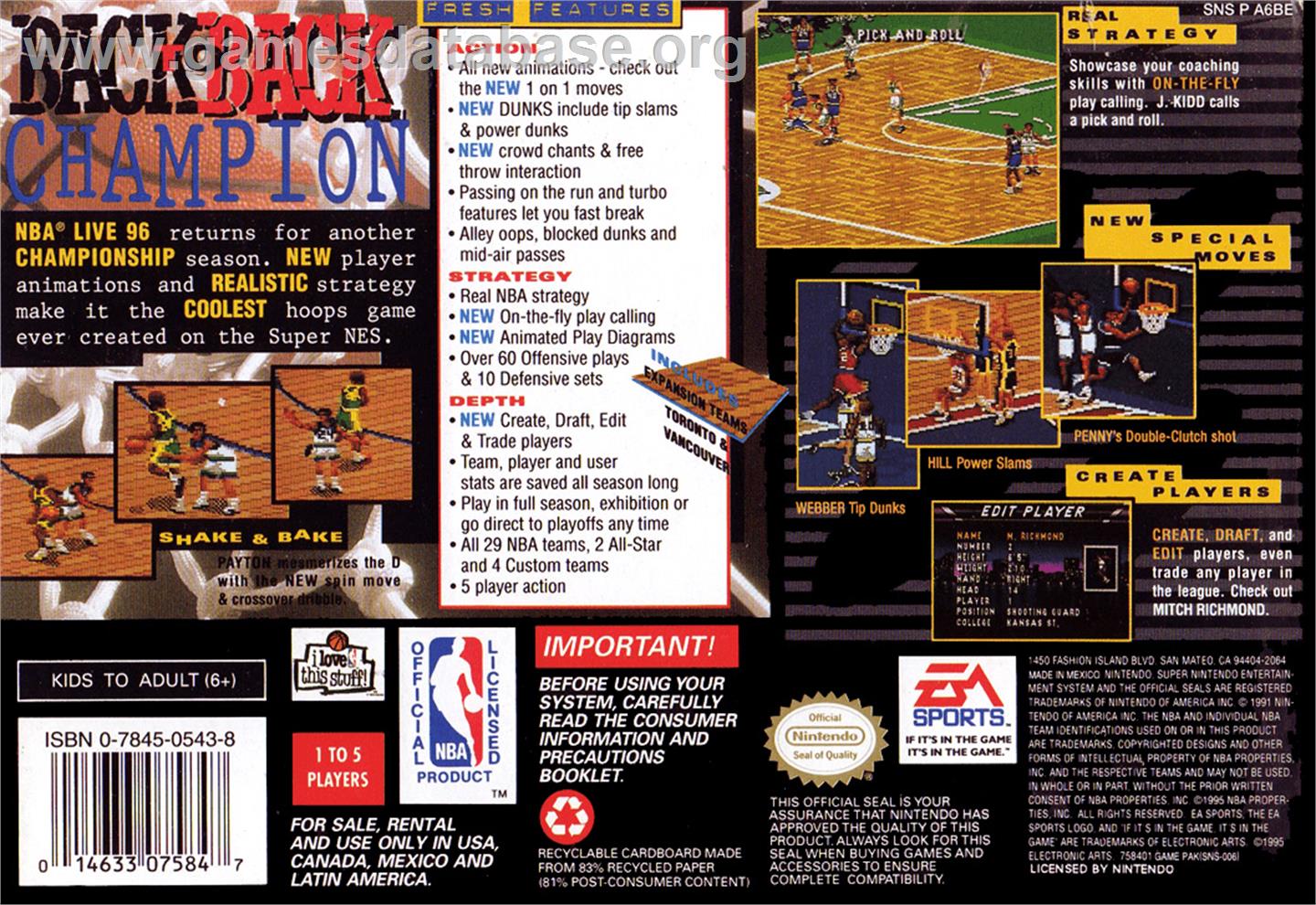 NBA Live '96 - Nintendo SNES - Artwork - Box Back