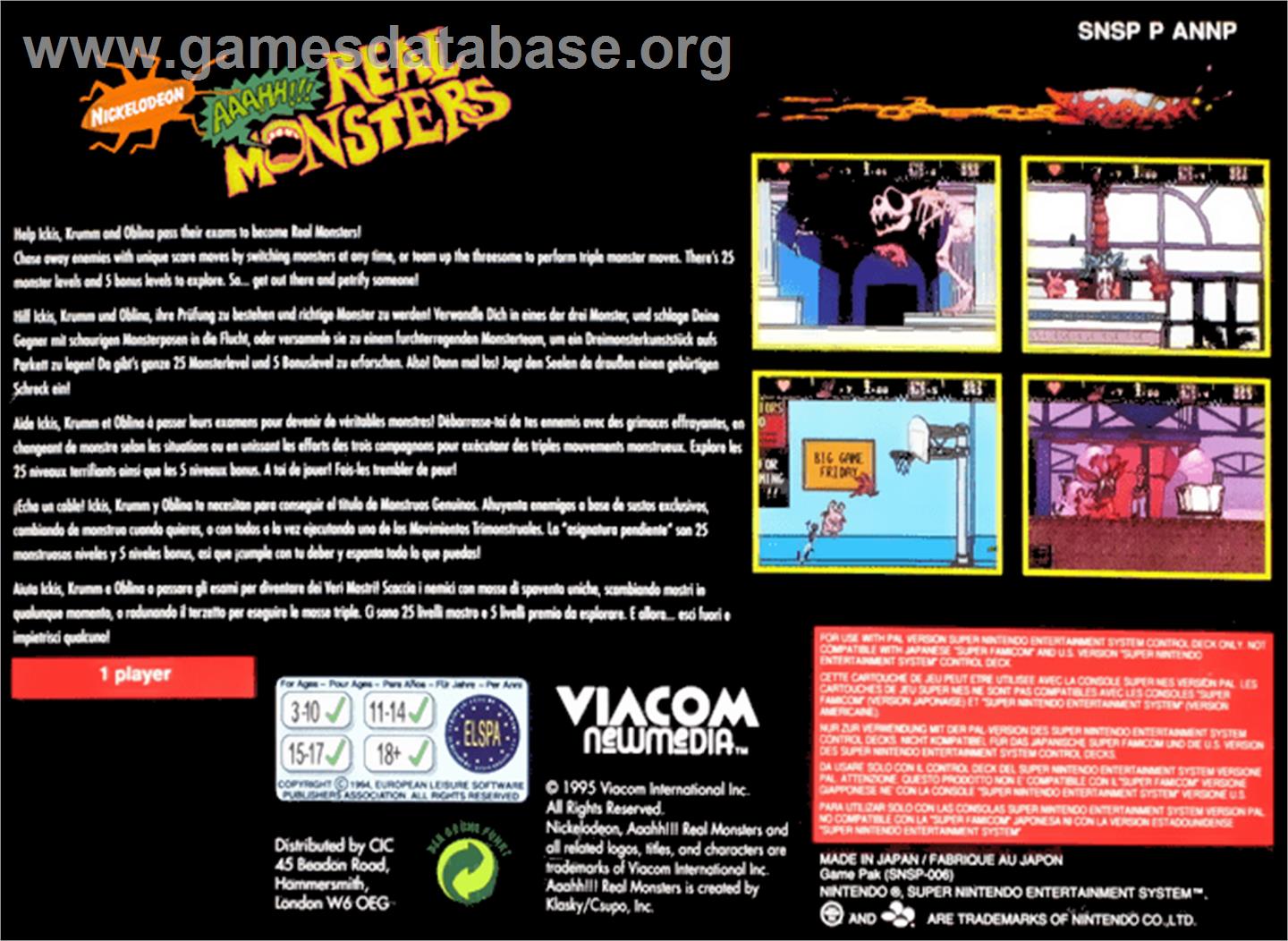 Nickelodeon: Aaahh!!! Real Monsters - Nintendo SNES - Artwork - Box Back