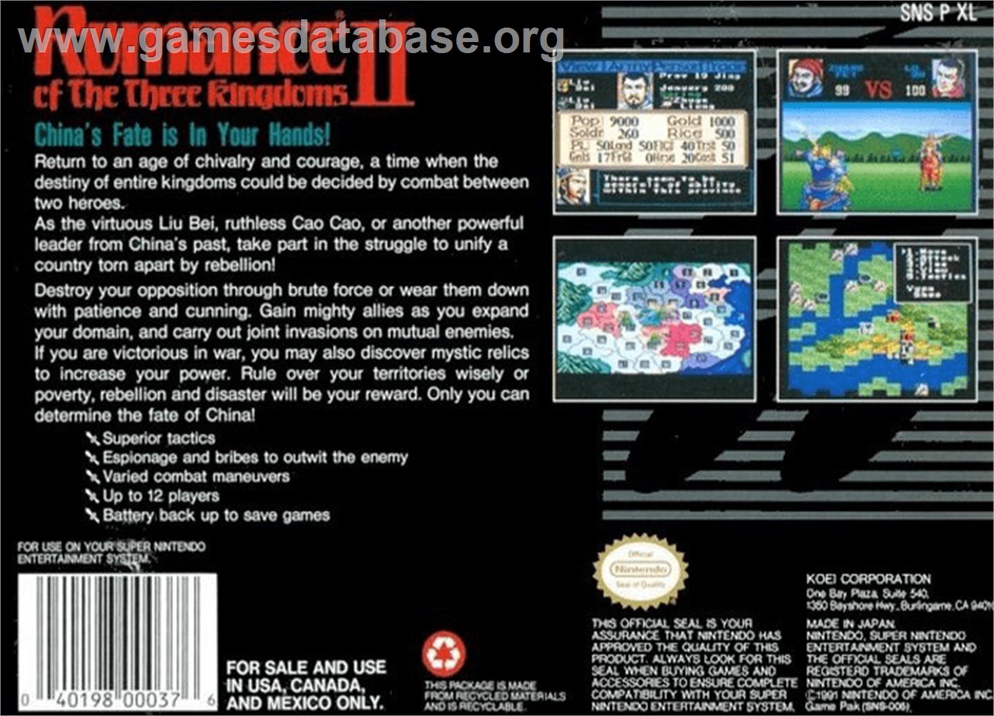 Romance of the Three Kingdoms II - Nintendo SNES - Artwork - Box Back