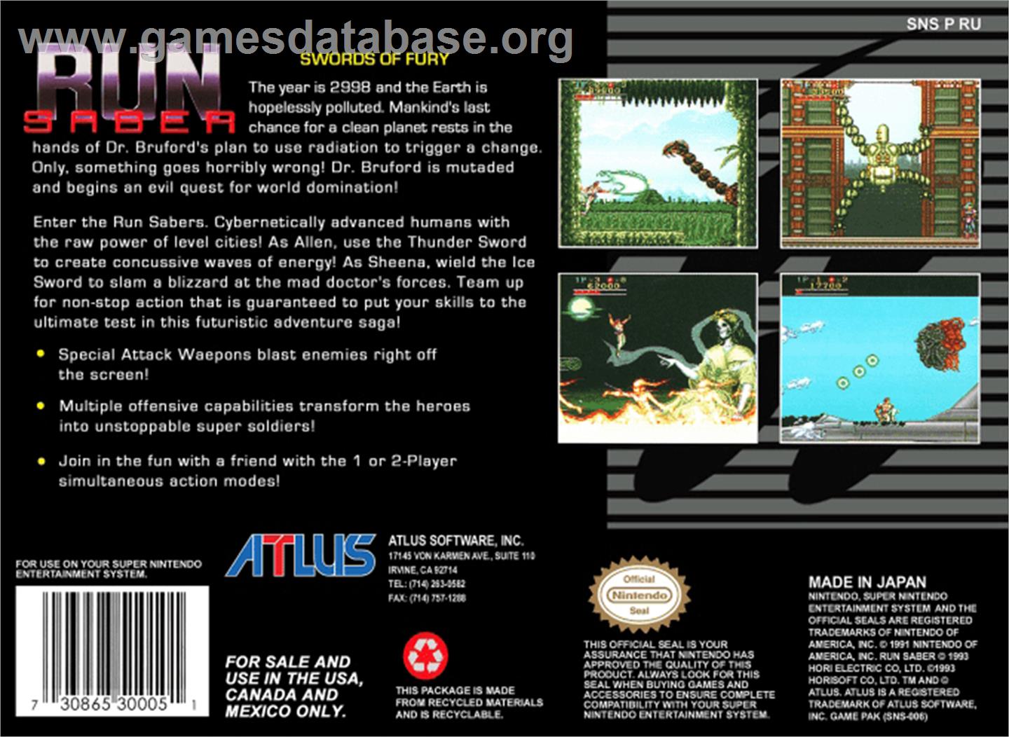 Run Saber - Nintendo SNES - Artwork - Box Back