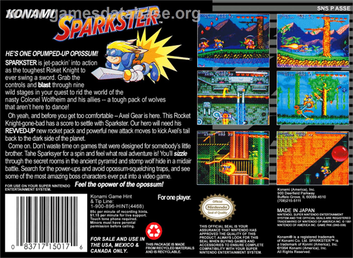 Sparkster - Nintendo SNES - Artwork - Box Back