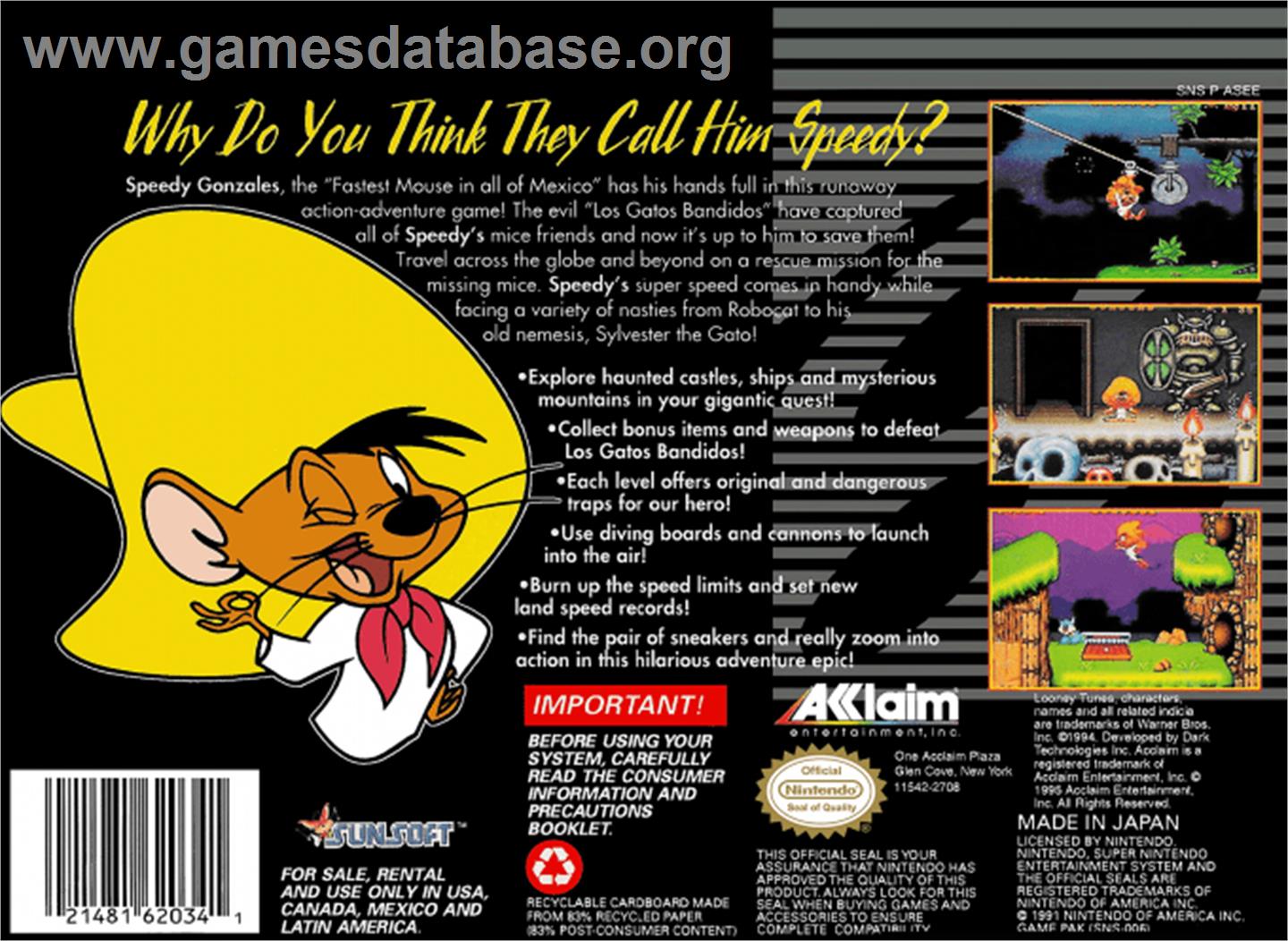 Speedy Gonzales in Los Gatos Bandidos - Nintendo SNES - Artwork - Box Back